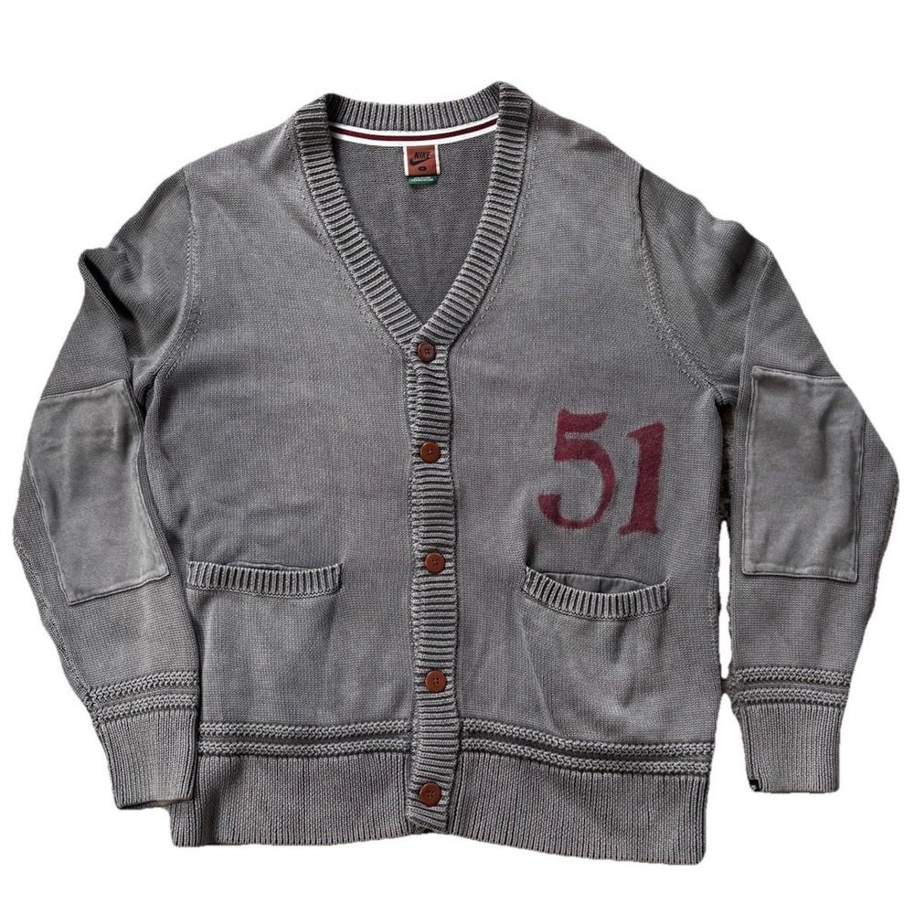 NIKE Mens XL Gray Red 51 Letterman Varsity Cardigan Sweater Patches Cotton